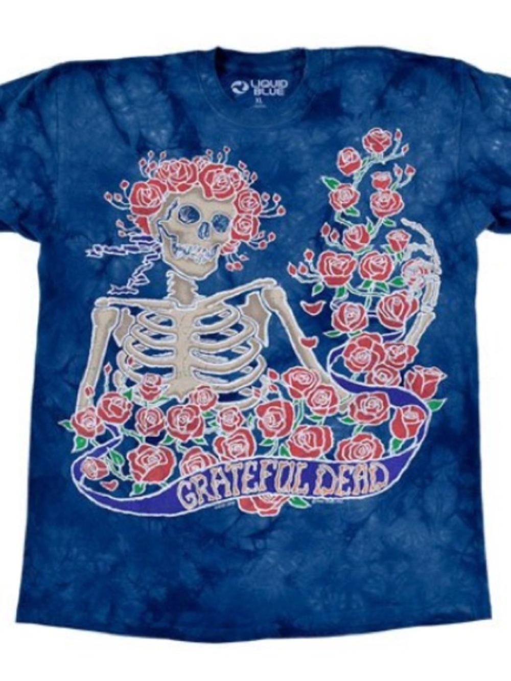 Liquid Blue Blue Tie-Dye Grateful Dead Skeleton & Red Roses Tee
